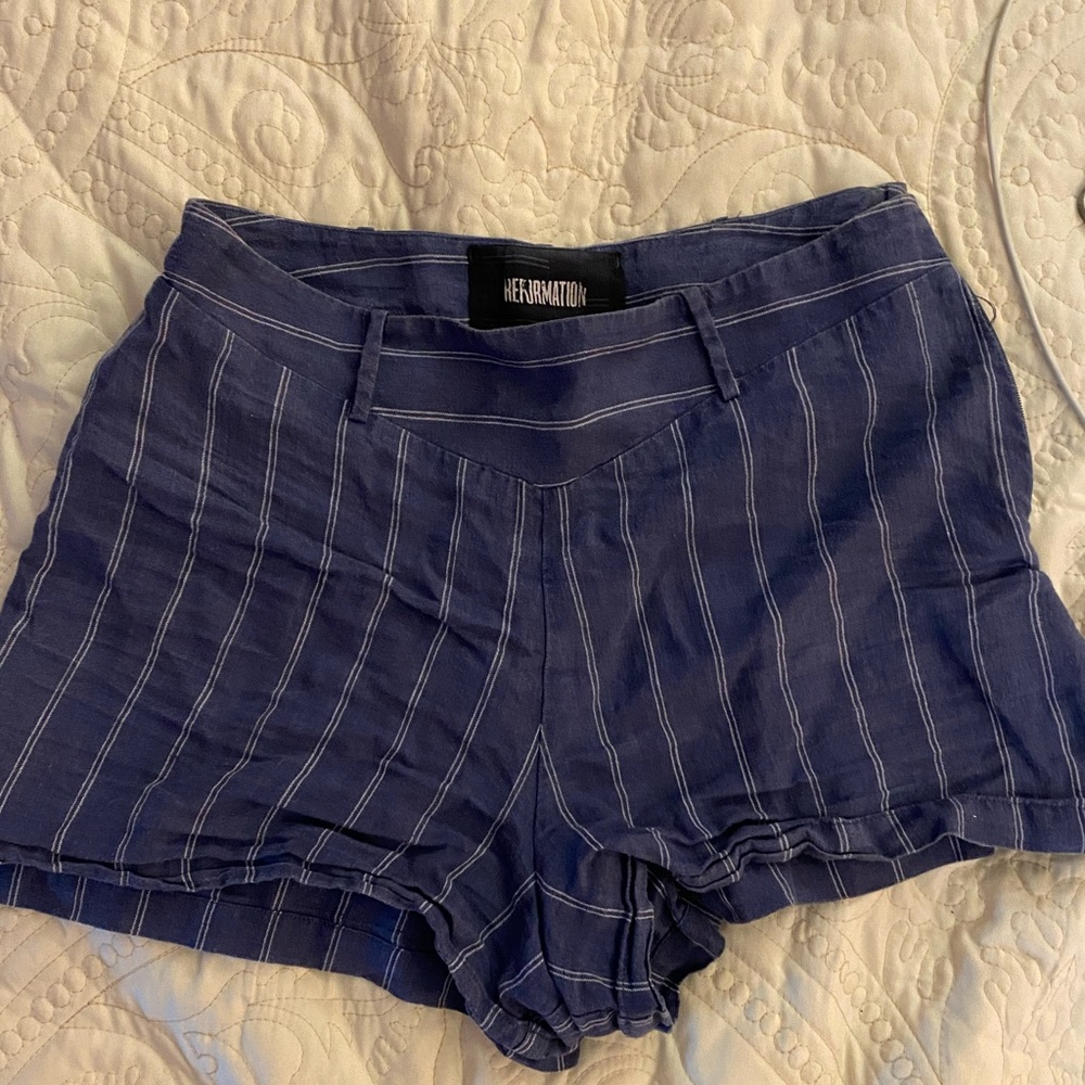 Navy blue and white striped reformation shorts